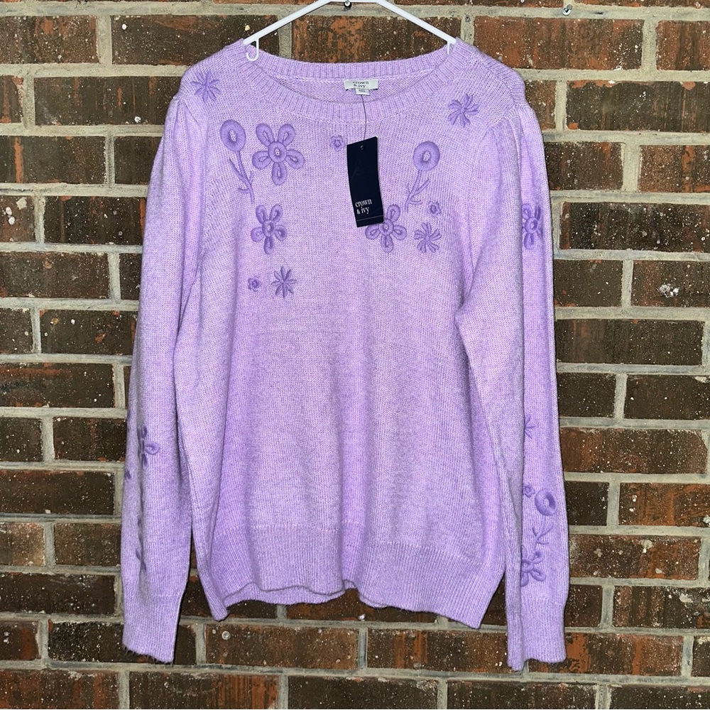crown & ivy Lavender Floral Embroidered Crew Neck Sweater